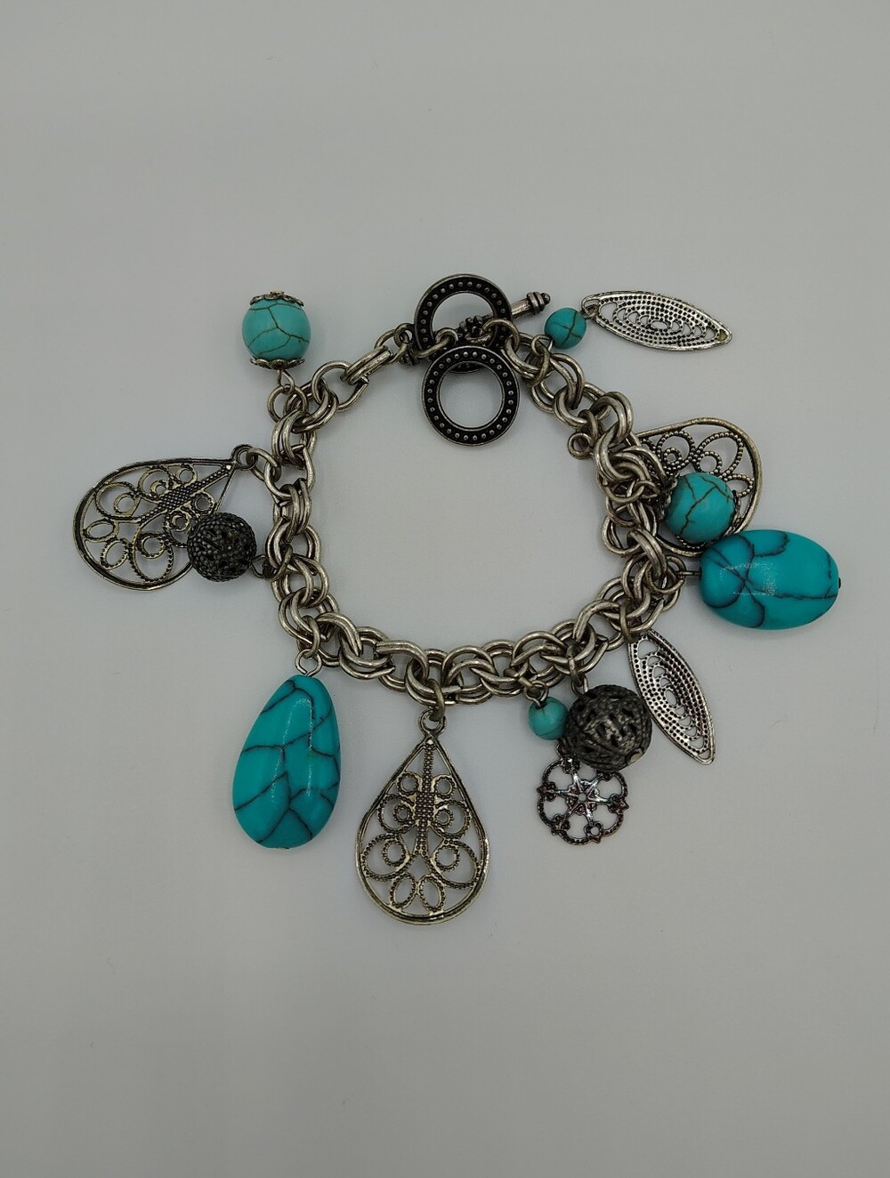 Turquoise Charm Bracelet with Silver-Tone Filigree